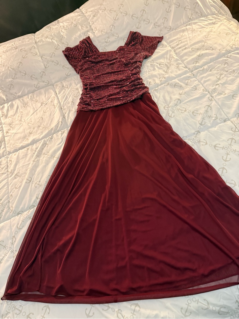 R&M Richards Burgundy Off-Shoulder Maxi Dress